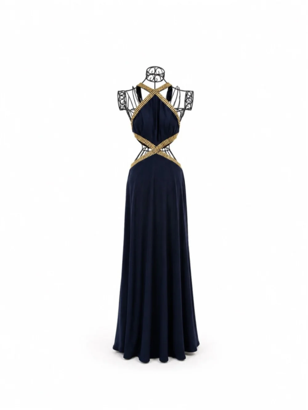 Joanna Chen Elegant Cut out padded beaded gown halter maxi dress navy blue gold